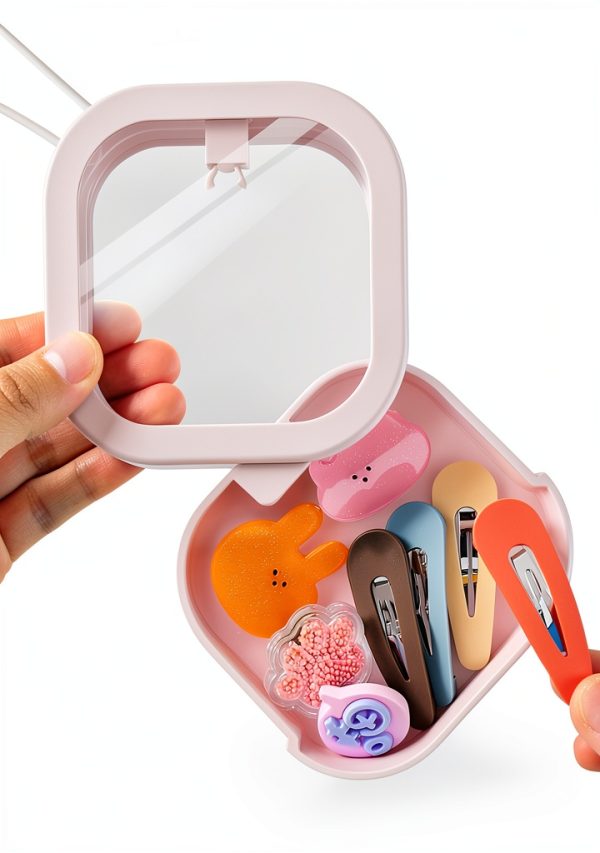 Portable Dental Floss Holder Pink Stackable Storage with Mirror Kit-0