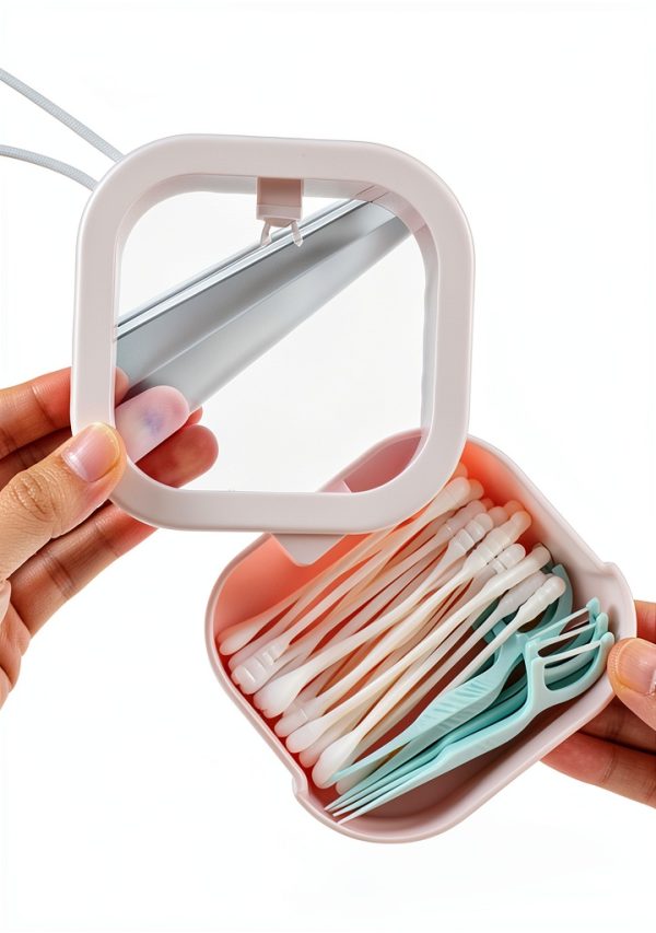 Portable Dental Floss Holder Pink Stackable Storage with Mirror Kit-2